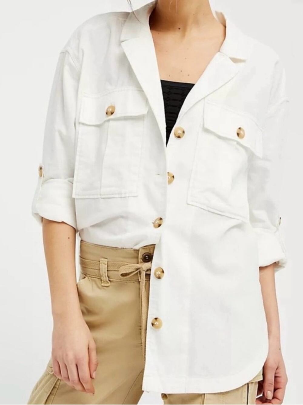 Free People Sunshine In My Pockets Button Linen Cotton Shirt Top SMALL Cream